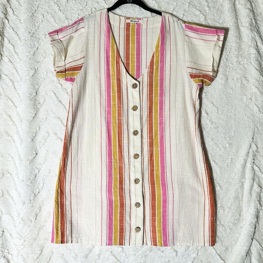 RipCurl Heat Wave Lg Ivory Striped Button Cotton Mini Beach Surf Shirt Sundress